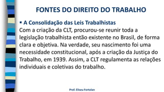 Prof. Eliseu Fortolan
 A Consolidação das Leis Trabalhistas
Com a criação da CLT, procurou-se reunir toda a
legislação trabalhista então existente no Brasil, de forma
clara e objetiva. Na verdade, seu nascimento foi uma
necessidade constitucional, após a criação da Justiça do
Trabalho, em 1939. Assim, a CLT regulamenta as relações
individuais e coletivas do trabalho.
FONTES DO DIREITO DO TRABALHO
 