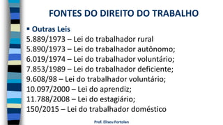 Prof. Eliseu Fortolan
 Outras Leis
5.889/1973 – Lei do trabalhador rural
5.890/1973 – Lei do trabalhador autônomo;
6.019/1974 – Lei do trabalhador voluntário;
7.853/1989 – Lei do trabalhador deficiente;
9.608/98 – Lei do trabalhador voluntário;
10.097/2000 – Lei do aprendiz;
11.788/2008 – Lei do estagiário;
150/2015 – Lei do trabalhador doméstico
FONTES DO DIREITO DO TRABALHO
 