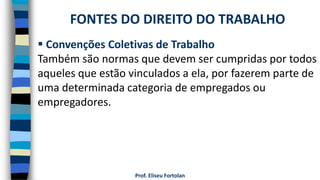 Prof. Eliseu Fortolan
 Convenções Coletivas de Trabalho
Também são normas que devem ser cumpridas por todos
aqueles que estão vinculados a ela, por fazerem parte de
uma determinada categoria de empregados ou
empregadores.
FONTES DO DIREITO DO TRABALHO
 