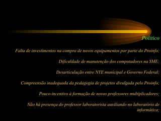 Político Falta de investimentos na compra de novos equipamentos por parte do Proinfo; Dificuldade de manutenção dos computadores na SME; Desarticulação entre NTE municipal e Governo Federal; Compreensão inadequada da pedagogia de projetos divulgada pelo Proinfo; Pouco incentivo à formação de novos professores multiplicadores; Não há presença do professor laboratorista auxiliando no laboratório de informática; 