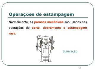 13
Operações de estampagem
Normalmente, as prensas mecânicas são usadas nas
operações de corte, dobramento e estampagem
rasa.
Simulação
 