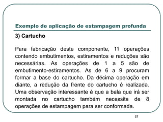 57
Exemplo de aplicação de estampagem profunda
3) Cartucho
Para fabricação deste componente, 11 operações
contendo embutimentos, estiramentos e reduções são
necessárias. As operações de 1 a 5 são de
embutimento-estiramentos. As de 6 a 9 procuram
formar a base do cartucho. Da décima operação em
diante, a redução da frente do cartucho é realizada.
Uma observação interessante é que a bala que irá ser
montada no cartucho também necessita de 8
operações de estampagem para ser conformada.
 