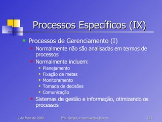 Processos Específicos (IX) Processos de Gerenciamento (I) Normalmente não são analisadas em termos de processos Normalmente incluem: Planejamento Fixação de metas Monitoramento Tomada de decisões Comunicação Sistemas de gestão e informação, otimizando os processos 