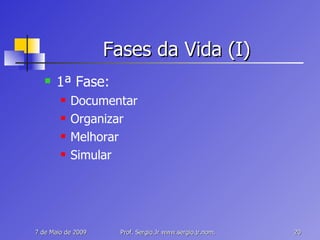 Fases da Vida (I) 1ª Fase: Documentar Organizar Melhorar Simular 