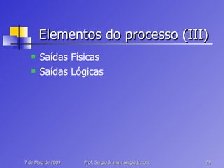 Elementos do processo (III) Saídas Físicas Saídas Lógicas 