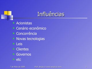 Influências Acionistas Cenário econômico Concorrência Novas tecnologias Leis Clientes Governos etc 