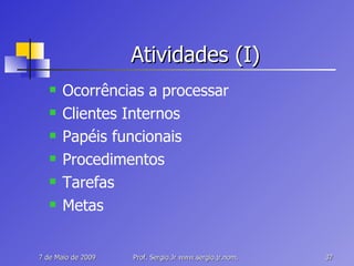 Atividades (I) Ocorrências a processar Clientes Internos Papéis funcionais Procedimentos Tarefas Metas 