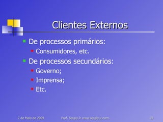 Clientes Externos De processos primários: Consumidores, etc. De processos secundários:  Governo; Imprensa; Etc. 