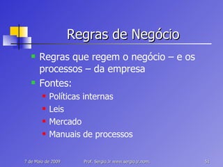 Regras de Negócio Regras que regem o negócio – e os processos – da empresa Fontes: Políticas internas Leis Mercado Manuais de processos 
