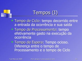 Tempos (I) Tempo de Ciclo : tempo decorrido entre a entrada da ocorrência e sua saída Tempo de Processamento : tempo efetivamente gasto na execução da ocorrência Tempo de Espera : Tempo ocioso. Diferença entre o tempo de Processamento e o tempo de Ciclo 
