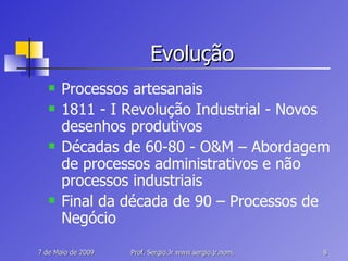 Evolução Processos artesanais 1811 - I Revolução Industrial - Novos desenhos produtivos Décadas de 60-80 - O&M – Abordagem de processos administrativos e não processos industriais Final da década de 90 – Processos de Negócio 