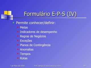 Formulário E-P-S (IV) Permite conhecer/definir: Metas Indicadores de desempenho Regras de Negócios Exceções Planos de Contingência Anomalias Tempos Rotas 