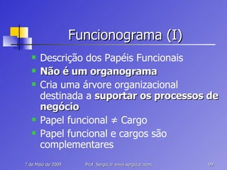 Funcionograma (I) Descrição dos Papéis Funcionais Não é um organograma Cria uma árvore organizacional destinada a  suportar os processos de negócio Papel funcional  ≠ Cargo Papel funcional e cargos são complementares 