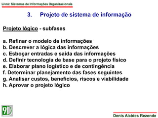 Livro: Sistemas de Informações Organizacionais 
3. Projeto de sistema de informação 
Denis Alcides Rezende 
Projeto lógico - subfases 
a. Refinar o modelo de informações 
b. Descrever a lógica das informações 
c. Esboçar entradas e saída das informações 
d. Definir tecnologia de base para o projeto físico 
e. Elaborar plano logístico e de contingência 
f. Determinar planejamento das fases seguintes 
g. Analisar custos, benefícios, riscos e viabilidade 
h. Aprovar o projeto lógico 
 