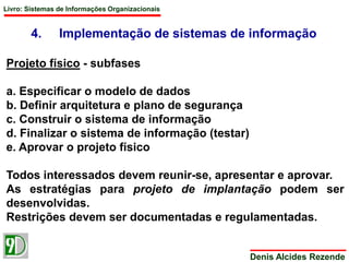 Livro: Sistemas de Informações Organizacionais 
4. Implementação de sistemas de informação 
Denis Alcides Rezende 
Projeto físico - subfases 
a. Especificar o modelo de dados 
b. Definir arquitetura e plano de segurança 
c. Construir o sistema de informação 
d. Finalizar o sistema de informação (testar) 
e. Aprovar o projeto físico 
Todos interessados devem reunir-se, apresentar e aprovar. 
As estratégias para projeto de implantação podem ser 
desenvolvidas. 
Restrições devem ser documentadas e regulamentadas. 
 