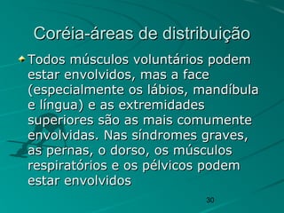 30
Coréia-áreas de distribuiçãoCoréia-áreas de distribuição
Todos músculos voluntários podemTodos músculos voluntários podem
estar envolvidos, mas a faceestar envolvidos, mas a face
(especialmente os lábios, mandíbula(especialmente os lábios, mandíbula
e língua) e as extremidadese língua) e as extremidades
superiores são as mais comumentesuperiores são as mais comumente
envolvidas. Nas síndromes graves,envolvidas. Nas síndromes graves,
as pernas, o dorso, os músculosas pernas, o dorso, os músculos
respiratórios e os pélvicos podemrespiratórios e os pélvicos podem
estar envolvidosestar envolvidos
 