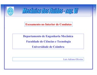 1




 Escoamento no Interior de Condutas



Departamento de Engenharia Mecânica
  Faculdade de Ciências e Tecnologia
      Universidade de Coimbra



                              Luis Adriano Oliveira