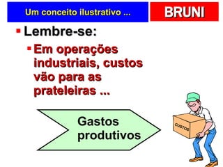 Um conceito ilustrativo ... Lembre-se: Em operações industriais, custos vão para as prateleiras ... CUSTOS Gastos produtivos 