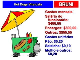 Hot Dogs Vira-Lata Gastos mensais Salário do funcionário: $400,00 Encargos: $300,00 Outros: $500,00 Gastos unitários Pão: $0,20 Salsicha: $0,10 Molho e outros: $0,20 $1,00 