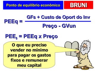 Ponto de equilíbrio econômico PEEq = GFs + Custo de Oport do Inv Preço - GVun PEE $  = PEEq x Preço O que eu preciso vender no mínimo para pagar os gastos fixos e remunerar meu capital 