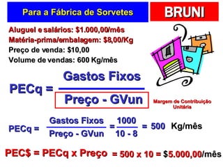 Para a Fábrica de Sorvetes Aluguel e salários: $1.000,00/mês Matéria-prima/embalagem: $8,00/Kg Preço de venda: $10,00 Volume de vendas: 600 Kg/mês PECq = Gastos Fixos Preço - GVun PECq = Gastos Fixos Preço - GVun = 1000 10 - 8 = 500 Kg/mês PEC$ = PECq x Preço = 500 x 10 =  $ 5.000,00 /mês Margem de Contribuição Unitária 