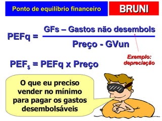 Ponto de equilíbrio financeiro PEFq = GFs – Gastos não desembols Preço - GVun PEF $  = PEFq x Preço O que eu preciso vender no mínimo para pagar os gastos desembolsáveis Exemplo: depreciação 