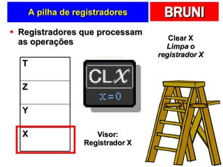 A pilha de registradores Registradores que processam as operações Visor: Registrador X Clear X Limpa o registrador X T Z Y X 