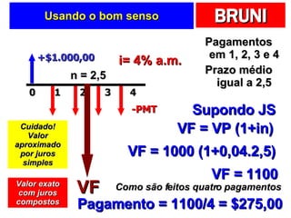 Usando o bom senso Pagamentos em 1, 2, 3 e 4 Prazo médio igual a 2,5 +$1.000,00 -PMT i= 4% a.m. n = 2,5 Supondo JS VF VF = VP (1+in) VF = 1000 (1+0,04.2,5) VF = 1100 Como são feitos quatro pagamentos Pagamento = 1100/4 = $275,00 Cuidado! Valor aproximado por juros simples Valor exato com juros compostos 2 0 1 4 3 