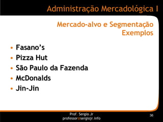 Mercado-alvo e Segmentação Exemplos <ul><li>Fasano’s </li></ul><ul><li>Pizza Hut </li></ul><ul><li>São Paulo da Fazenda </...