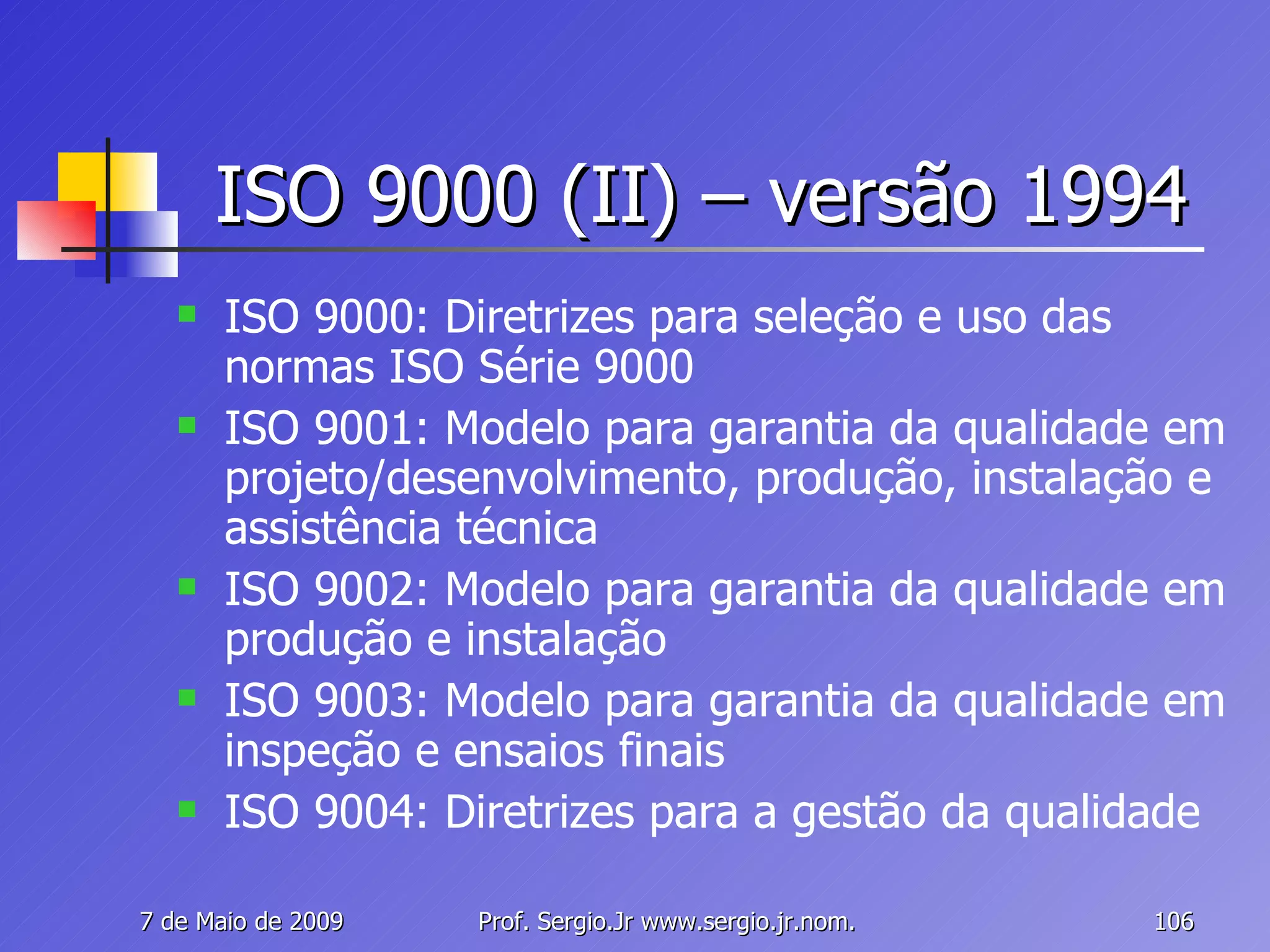 ISO 9000 (II) – versão 1994 ISO 9000: Diretrizes para seleção e uso das normas ISO Série 9000 ISO 9001: Modelo para garantia da qualidade em projeto/desenvolvimento, produção, instalação e assistência técnica ISO 9002: Modelo para garantia da qualidade em produção e instalação ISO 9003: Modelo para garantia da qualidade em inspeção e ensaios finais ISO 9004: Diretrizes para a gestão da qualidade 