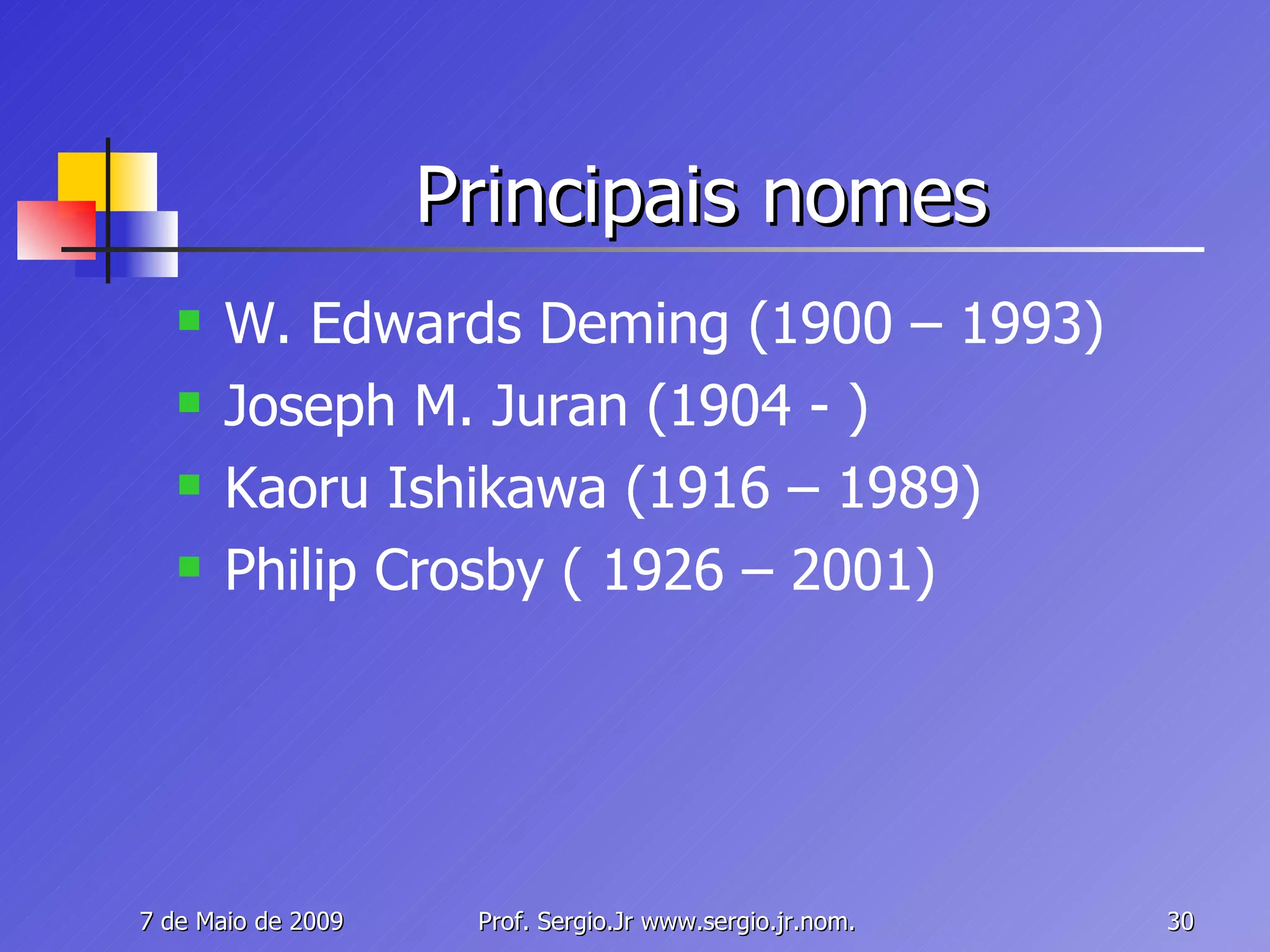 Principais nomes W. Edwards Deming (1900 – 1993) Joseph M. Juran (1904 - ) Kaoru Ishikawa (1916 – 1989) Philip Crosby ( 1926 – 2001) 
