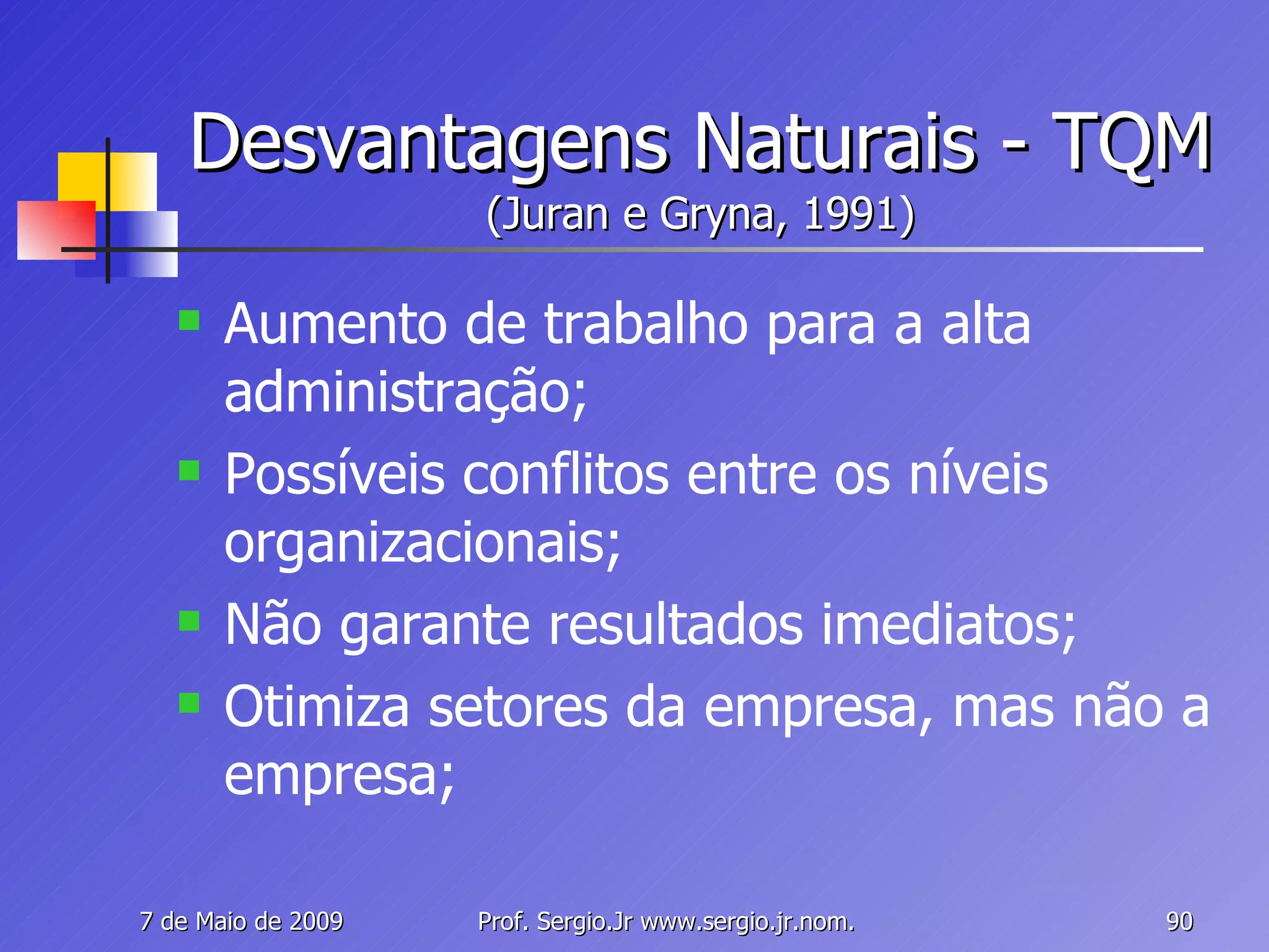 Desvantagens Naturais - TQM (Juran e Gryna, 1991) Aumento de trabalho para a alta administração; Possíveis conflitos entre os níveis organizacionais; Não garante resultados imediatos; Otimiza setores da empresa, mas não a empresa; 