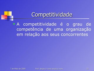 Competitividade A competitividade é o grau de competência de uma organização em relação aos seus concorrentes 