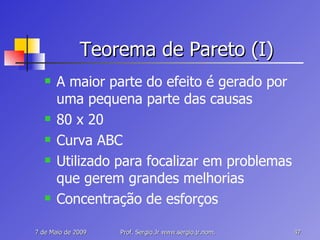 Teorema de Pareto (I) A maior parte do efeito é gerado por uma pequena parte das causas 80 x 20 Curva ABC Utilizado para focalizar em problemas que gerem grandes melhorias Concentração de esforços 