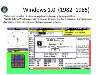 Windows 1.0 (1982–1985)
Microsoft trabalha na primeira versão de um novo sistema operativo.
Nesta data, o Windows prevalece porque descreve melhor a caixas ou a programação
das "janelas" que são fundamentais para o novo sistema.
 