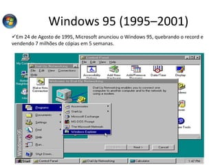 Windows 95 (1995–2001)
Em 24 de Agosto de 1995, Microsoft anunciou o Windows 95, quebrando o record e
vendendo 7 milhões de cópias em 5 semanas.
 
