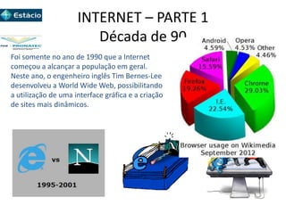 INTERNET – PARTE 1
Década de 90
Foi somente no ano de 1990 que a Internet
começou a alcançar a população em geral.
Neste ano, o engenheiro inglês Tim Bernes-Lee
desenvolveu a World Wide Web, possibilitando
a utilização de uma interface gráfica e a criação
de sites mais dinâmicos.
 
