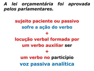 A lei orçamentária foi    aprovada
pelos parlamentares.

    sujeito paciente ou passivo
       sofre a ação do verbo
                 +
    locução verbal formada por
        um verbo auxiliar ser
                 +
       um verbo no particípio
      voz passiva analítica
 