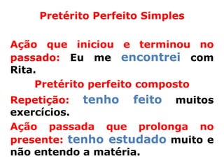 Pretérito Perfeito Simples

Ação que iniciou e terminou no
passado: Eu me encontrei com
Rita.
     Pretérito perfeito composto
Repetição: tenho feito muitos
exercícios.
Ação passada que prolonga no
presente: tenho estudado muito e
não entendo a matéria.
 