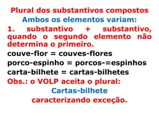 Plural dos substantivos compostos
    Ambos os elementos variam:
1.   substantivo    +   substantivo,
quando o segundo elemento não
determina o primeiro.
couve-flor = couves-flores
porco-espinho = porcos-=espinhos
carta-bilhete = cartas-bilhetes
Obs.: o VOLP aceita o plural:
           Cartas-bilhete
      caracterizando exceção.
 