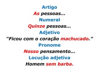 Artigo
           As pessoas...
             Numeral
         Quinze pessoas...
             Adjetivo
“Ficou com o coração machucado.”
             Pronome
       Nosso pensamento...
         Locução adjetiva
        Homem sem barba.
 