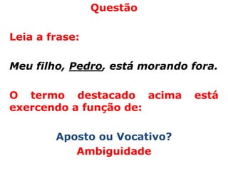Questão

Leia a frase:

Meu filho, Pedro, está morando fora.

O termo destacado acima        está
exercendo a função de:

        Aposto ou Vocativo?
           Ambiguidade
 