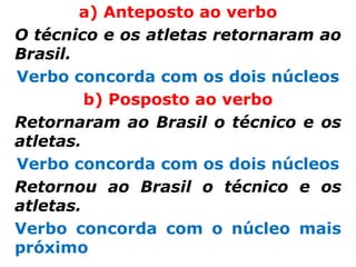 a) Anteposto ao verbo
O técnico e os atletas retornaram ao
Brasil.
Verbo concorda com os dois núcleos
         b) Posposto ao verbo
Retornaram ao Brasil o técnico e os
atletas.
Verbo concorda com os dois núcleos
Retornou ao Brasil o técnico e os
atletas.
Verbo concorda com o núcleo mais
próximo
 