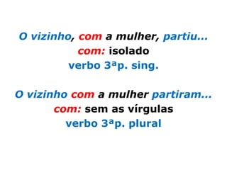 O vizinho, com a mulher, partiu...
           com: isolado
         verbo 3ªp. sing.

O vizinho com a mulher partiram...
       com: sem as vírgulas
         verbo 3ªp. plural
 