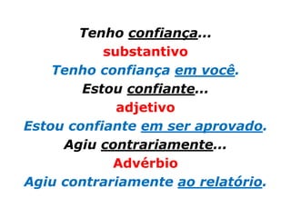 Tenho confiança...
           substantivo
    Tenho confiança em você.
        Estou confiante...
             adjetivo
Estou confiante em ser aprovado.
     Agiu contrariamente...
            Advérbio
Agiu contrariamente ao relatório.
 