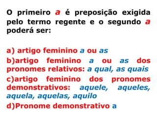 O primeiro a é preposição exigida
pelo termo regente e o segundo a
poderá ser:

a) artigo feminino a ou as
b)artigo feminino a ou as dos
pronomes relativos: a qual, as quais
c)artigo feminino dos pronomes
demonstrativos: aquele, aqueles,
aquela, aquelas, aquilo
d)Pronome demonstrativo a
 