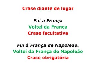 Crase diante de lugar

       Fui a França
     Voltei da França
     Crase facultativa

 Fui à França de Napoleão.
Voltei da França de Napoleão
      Crase obrigatória
 