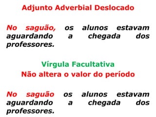 Adjunto Adverbial Deslocado

No saguão,     os   alunos estavam
aguardando      a     chegada   dos
professores.

        Vírgula Facultativa
   Não altera o valor do período

No saguão      os   alunos estavam
aguardando      a     chegada   dos
professores.
 