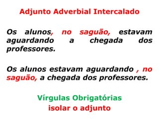 Adjunto Adverbial Intercalado

Os alunos, no saguão, estavam
aguardando   a  chegada    dos
professores.

Os alunos estavam aguardando , no
saguão, a chegada dos professores.

       Vírgulas Obrigatórias
          isolar o adjunto
 