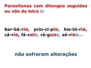 Paroxítonas com ditongos seguidos
ou não da letra s:



bar-bá-rie, prin-cí-pio, his-tó-ria,
cá-rie, fá-ceis, ré-guas, sé-ries...



    não sofreram alterações
 